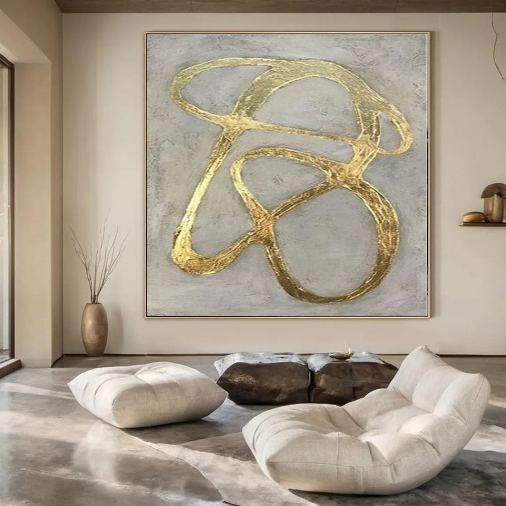 Gray with Gold Curved Lines "Elegant Twist" Luxe Abstract Painting On Canvas PS1097