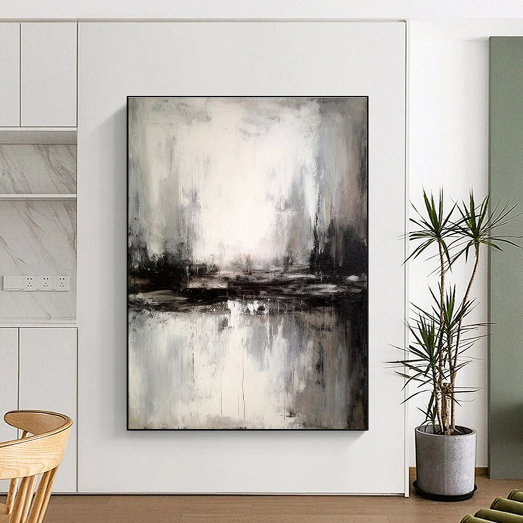 “Monochrome Mist Reflection” - Black, White, Gray Abstract Landscape Painting On Canvas PS0623
