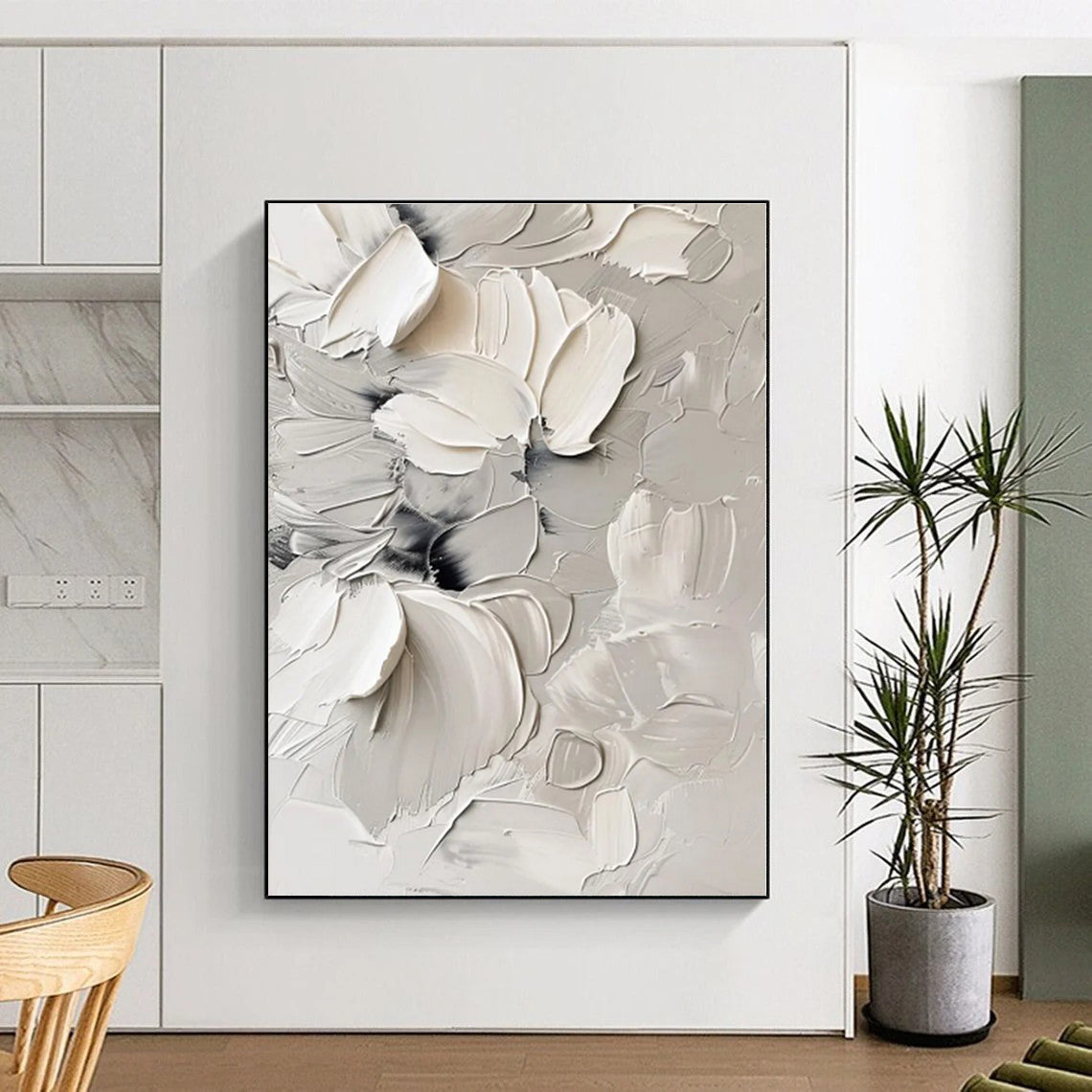 “White - Gray Textured Florals” - White, Gray Abstract Painting On Canvas PS0517