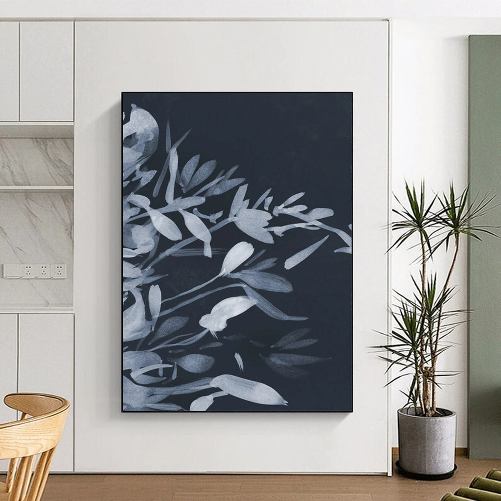 “Dark Blue Floral Silhouettes” - Delicate Plant Forms Painting On Canvas DS239
