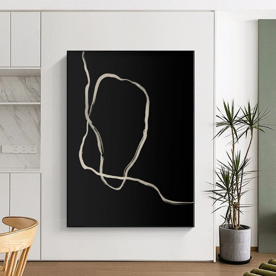 “Black - White Abstract Flowing Lines” - Delicate Abstract Painting On Canvas PS0336