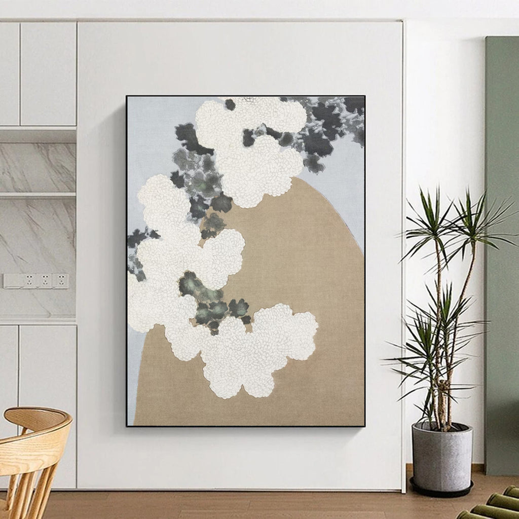 “White Blossoms & Beige Rock” - White, Gray, Beige Floral Abstract Painting On Canvas PS0750