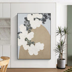 “White Blossoms & Beige Rock” - White, Gray, Beige Floral Abstract Painting On Canvas PS0750