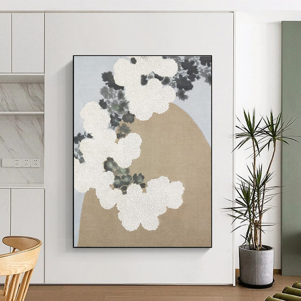 “White Blossoms & Beige Rock” - White, Gray, Beige Floral Abstract Painting On Canvas PS0750