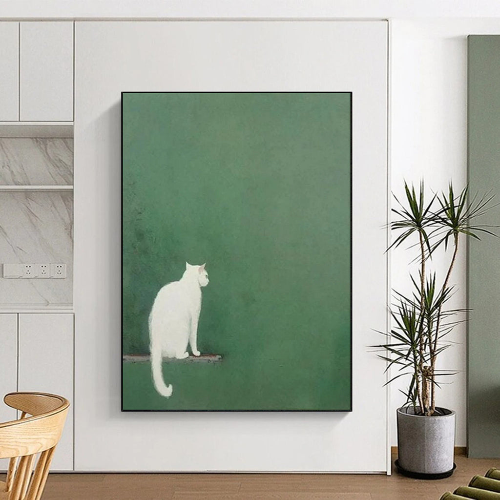 “Minimalist White Cat on Green” - Minimalist Animal Painting On Canvas PT1937