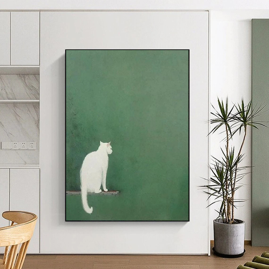 “Minimalist White Cat on Green” - Minimalist Animal Painting On Canvas PT1937