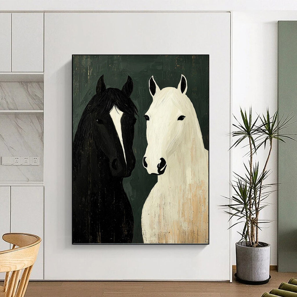 “Black and White Horse Portrait” - Folk - Inspired Animal Painting On Canvas PT1003
