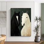 “Black and White Horse Portrait” - Folk - Inspired Animal Painting On Canvas PT1003