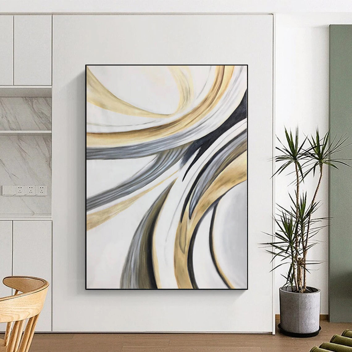 “Flowing Gold - Grey - White Abstract Ribbons” - Elegant Abstract Painting On Canvas PS0320