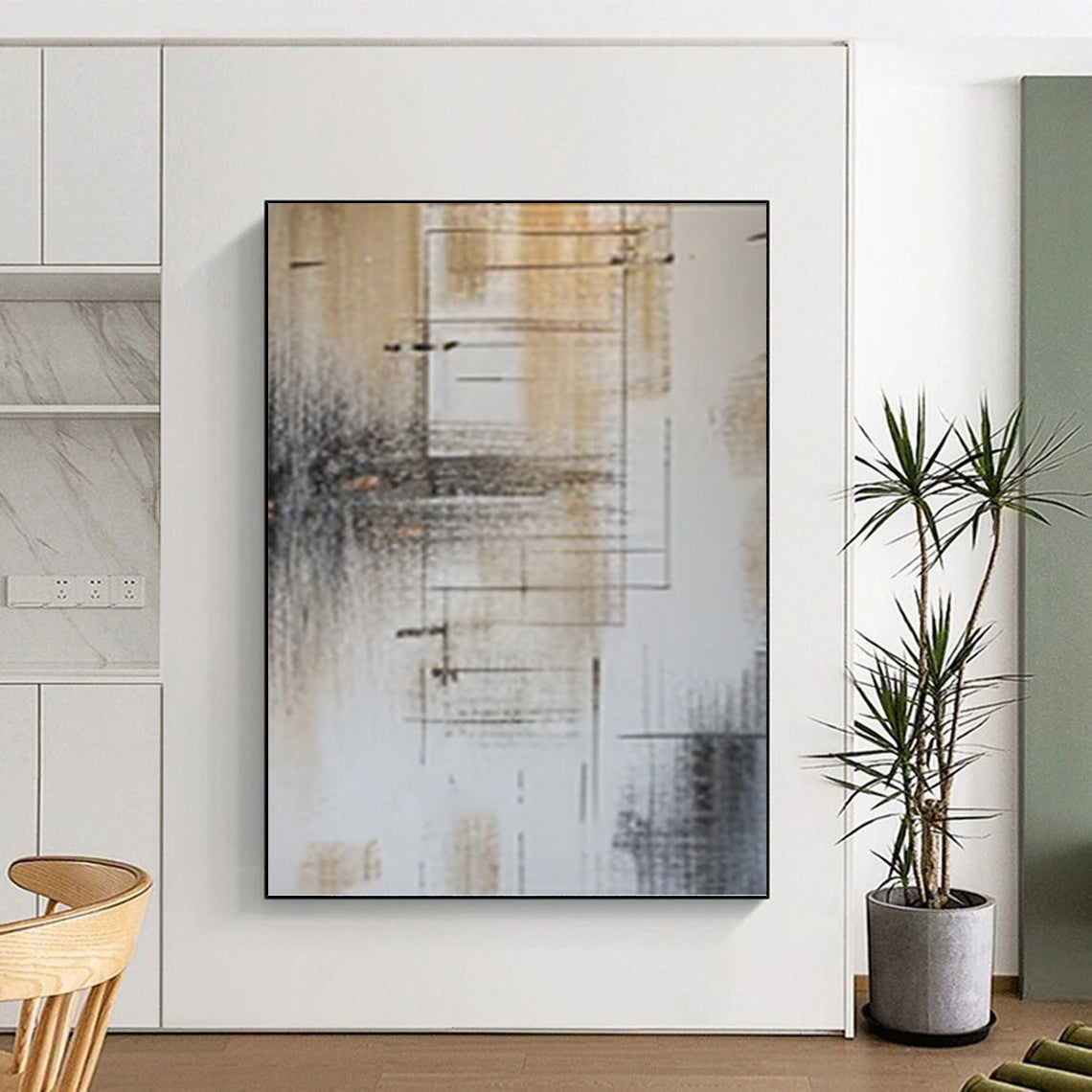 “Brown, Grey and White Linear Abstract” - Modernist Line Painting On Canvas PT0979
