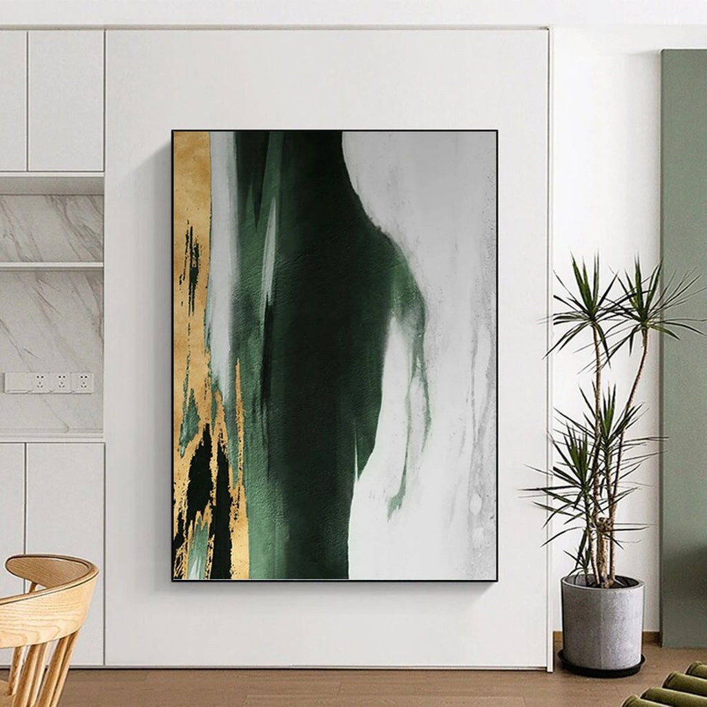 “Green - White - Gold Abstract Form” - Textured Abstract Painting On Canvas PT1234