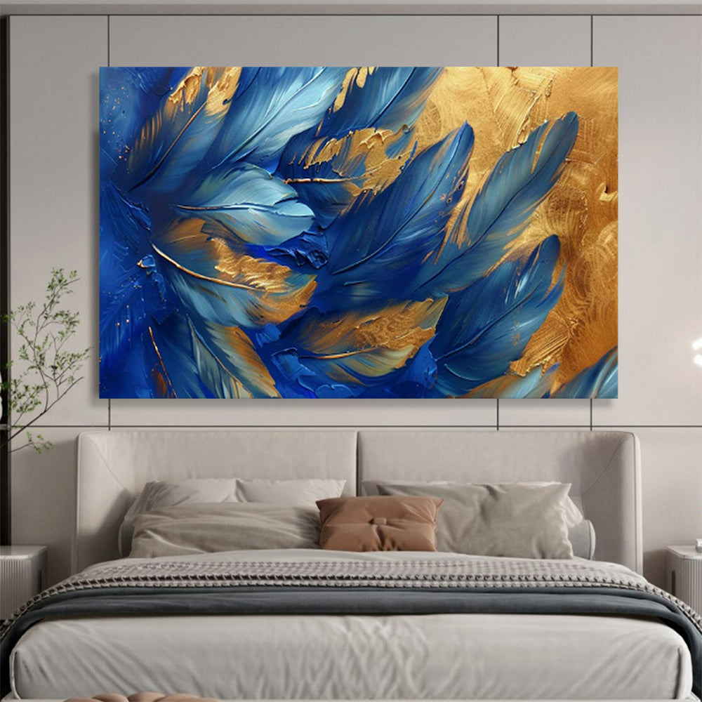 “Blue Feathers & Gold Highlights” - Abstract Nature - Painting On Canvas PT1708