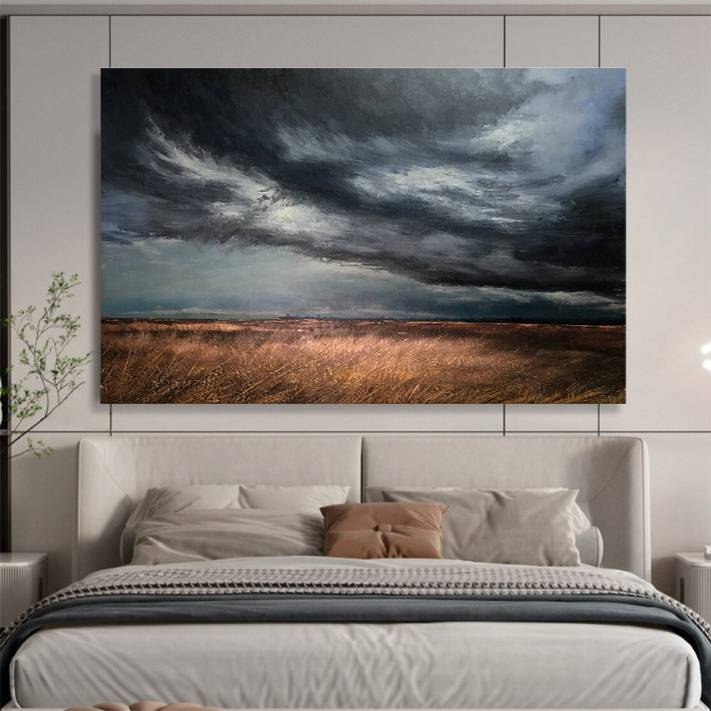 “Stormy Field Sky” - Gray, Brown & Gold Landscape, Realist Oil Painting On Canvas DKS772