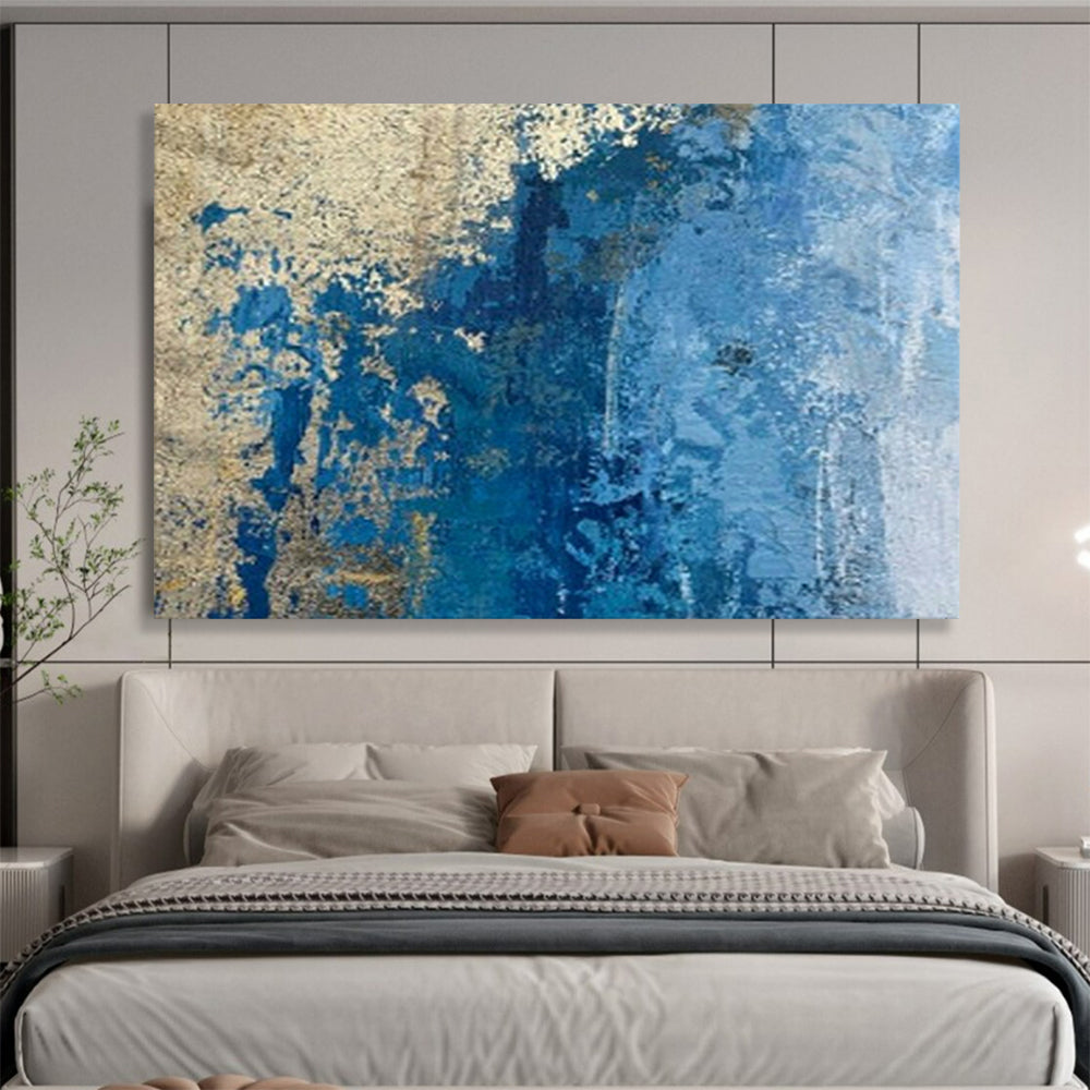 “Blue - Gold Textured Wall” - Earthy Tones “Aged Azure” Painting On Canvas PT1634