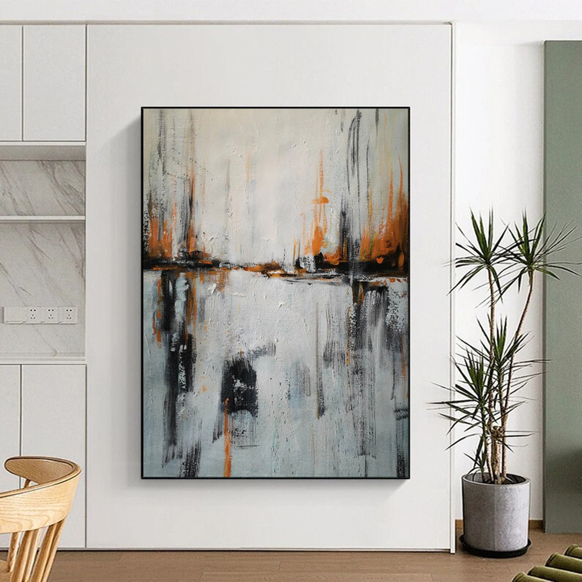“Gray - Orange Abstract Reflection” - Abstract Landscape Painting On Canvas PT1973