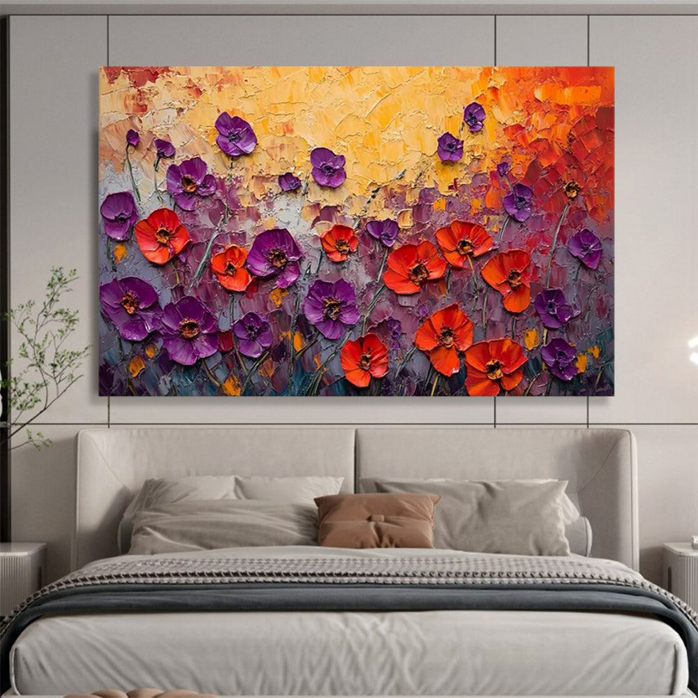 “Purple and Red Poppies on Textured Field” - Impasto Floral - Painting On Canvas PT1765