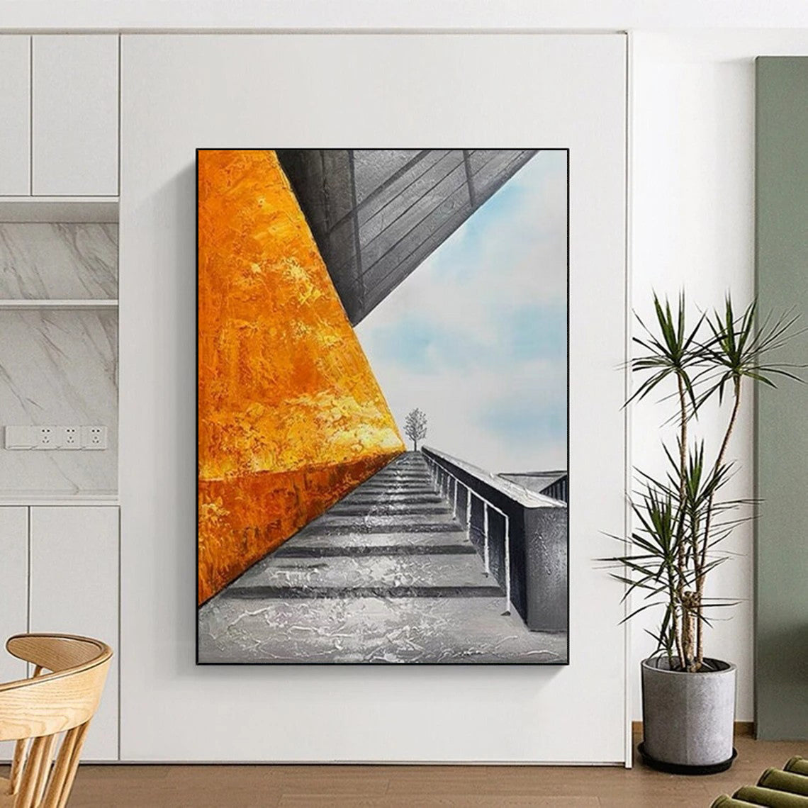 “Orange Wall & Stairway” - Architectural Abstract Painting On Canvas DS281
