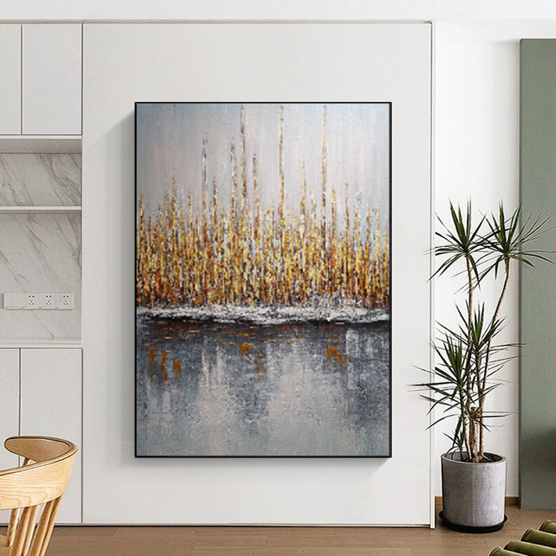 Golden Reed Reflections, Impressionistic Landscape, Monet - Inspired Style, Painting On Canvas PT2103