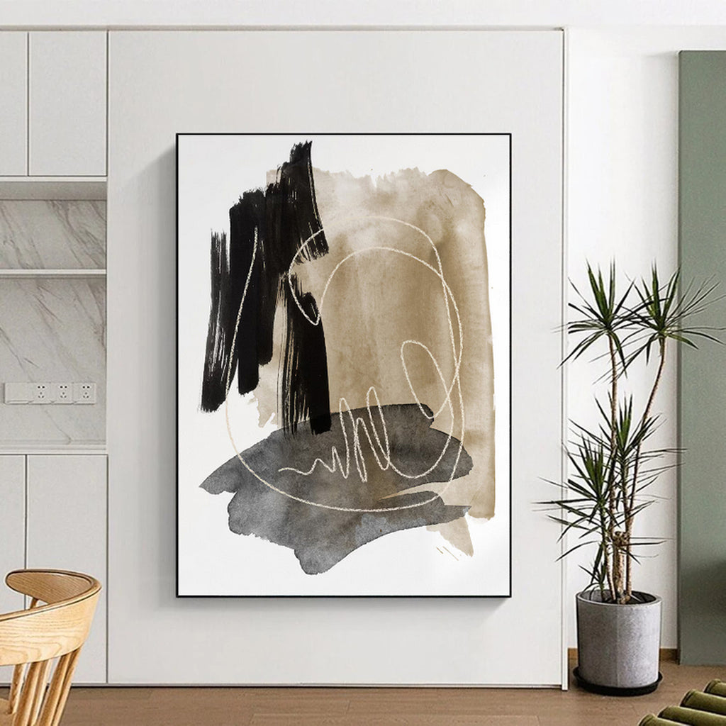 “Black, Beige, and Grey: Minimalist Abstract with White Lines” - Modern Calligraphic Art On Canvas PT0969