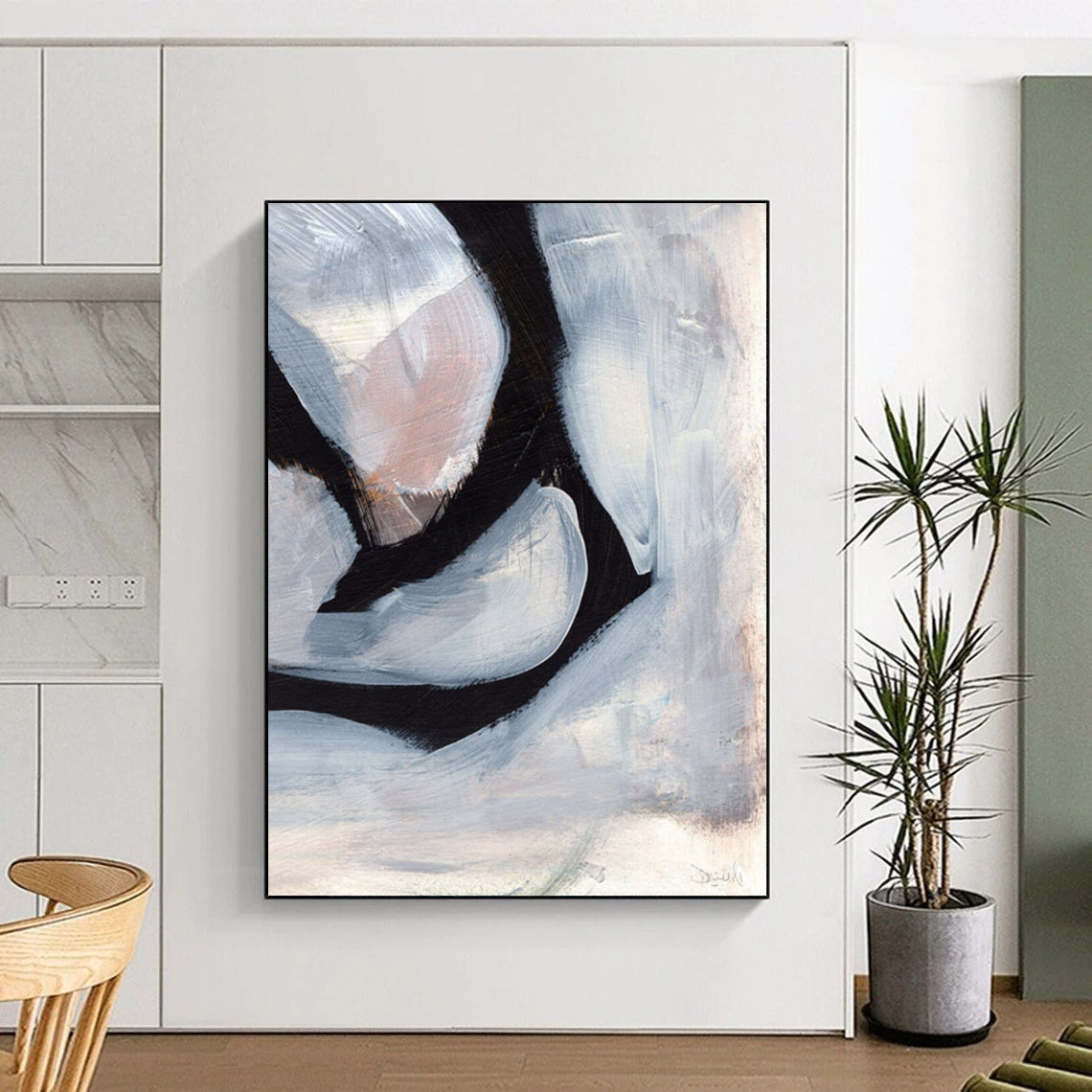 “Black & White Abstract Petals” - Contrasting Hues with Soft Shapes Painting On Canvas DS228