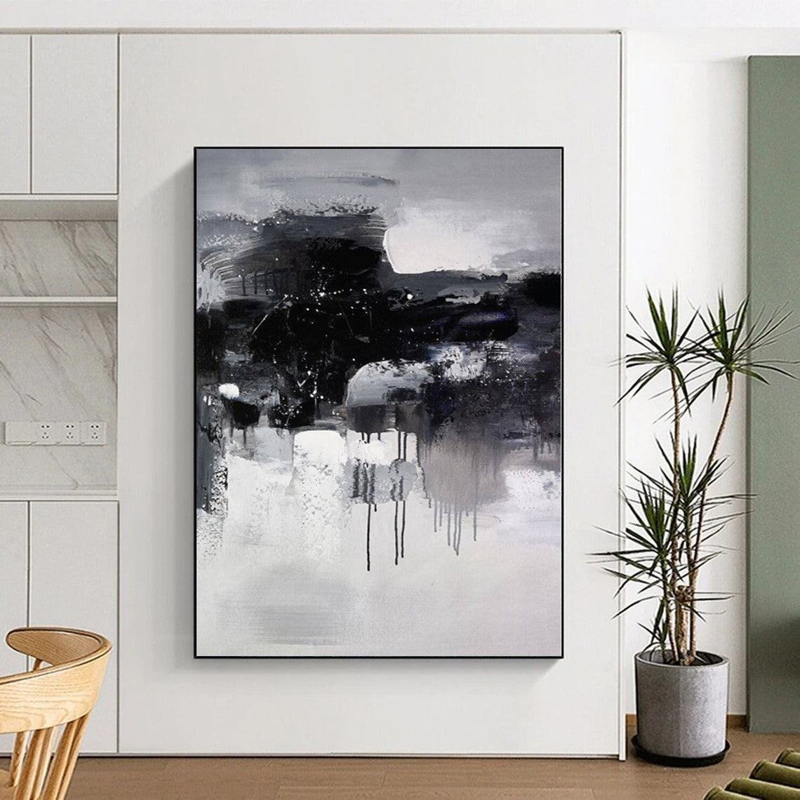 “Black - White - Grey Ink - like Abstract Drippings” Painting On Canvas PS0376
