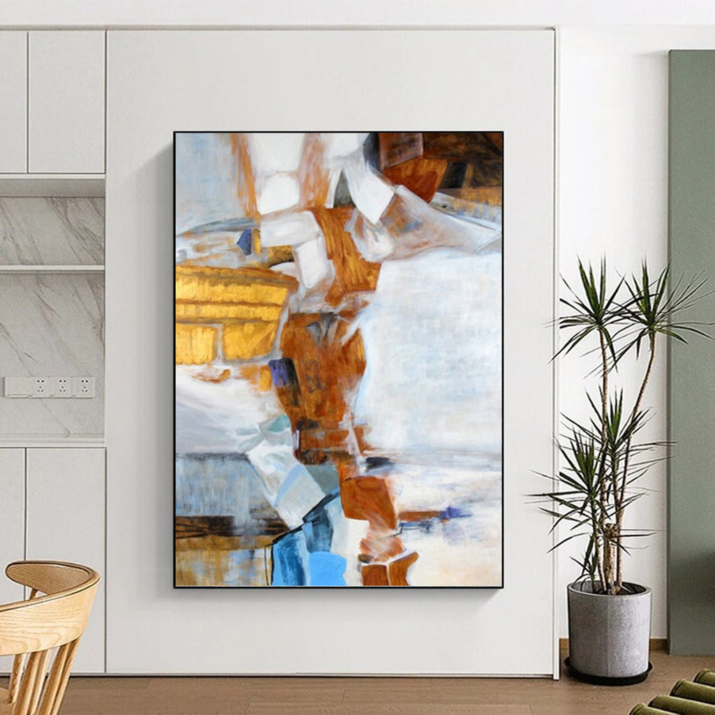 “Geometric Fusion: Brown, White, and Blue Abstract” - Cubist - Inspired Painting On Canvas PT0937