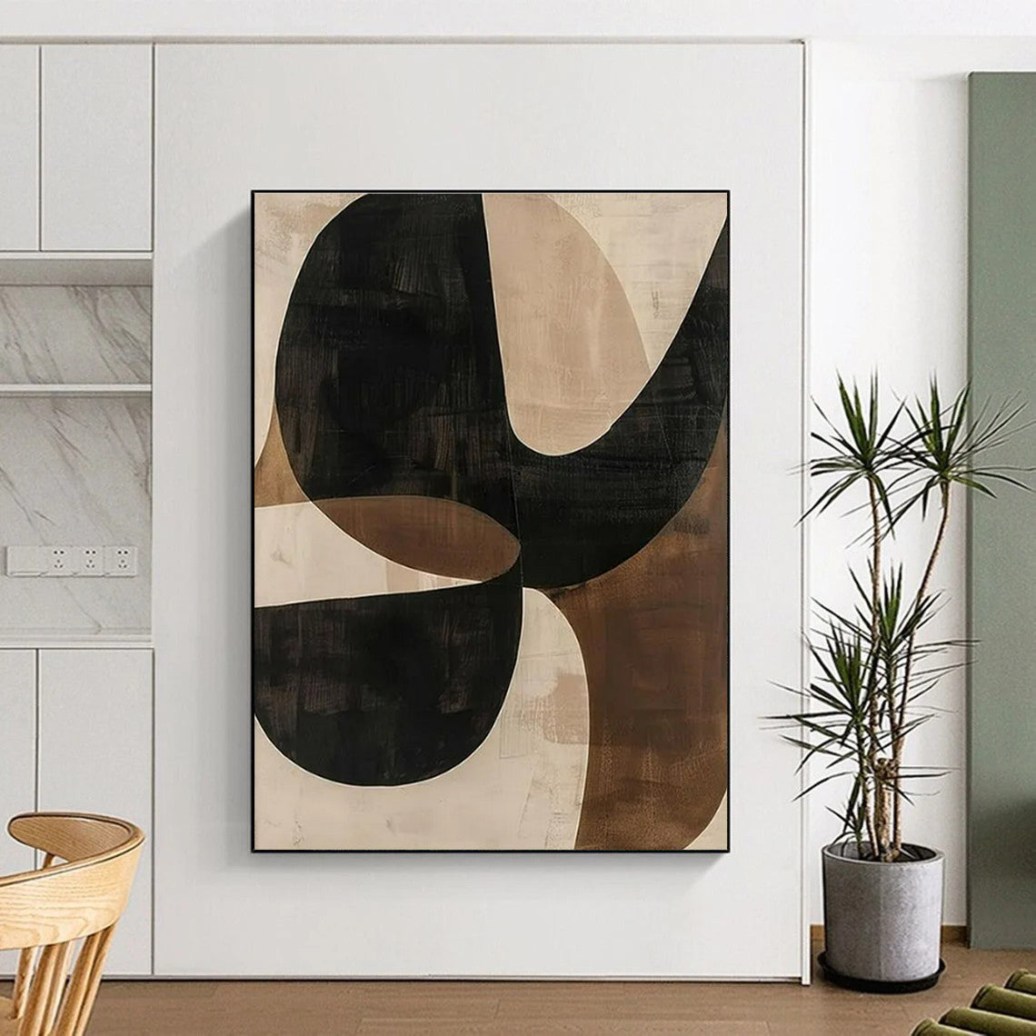 Black, Beige & Brown Geometric Abstract "Fluid Geometry" Painting On Canvas PS0869