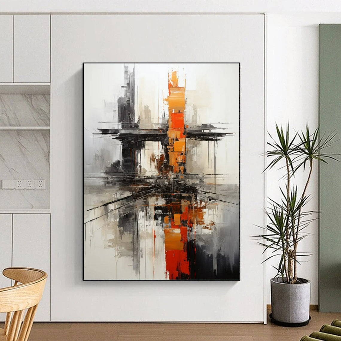“Urban Abstract in Gray, Black, and Orange” - Industrial Abstract Painting On Canvas PT2265