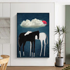 “Black & White Horses Under Red Moon” - Minimalist - Inspired Animal Painting On Canvas PT1418