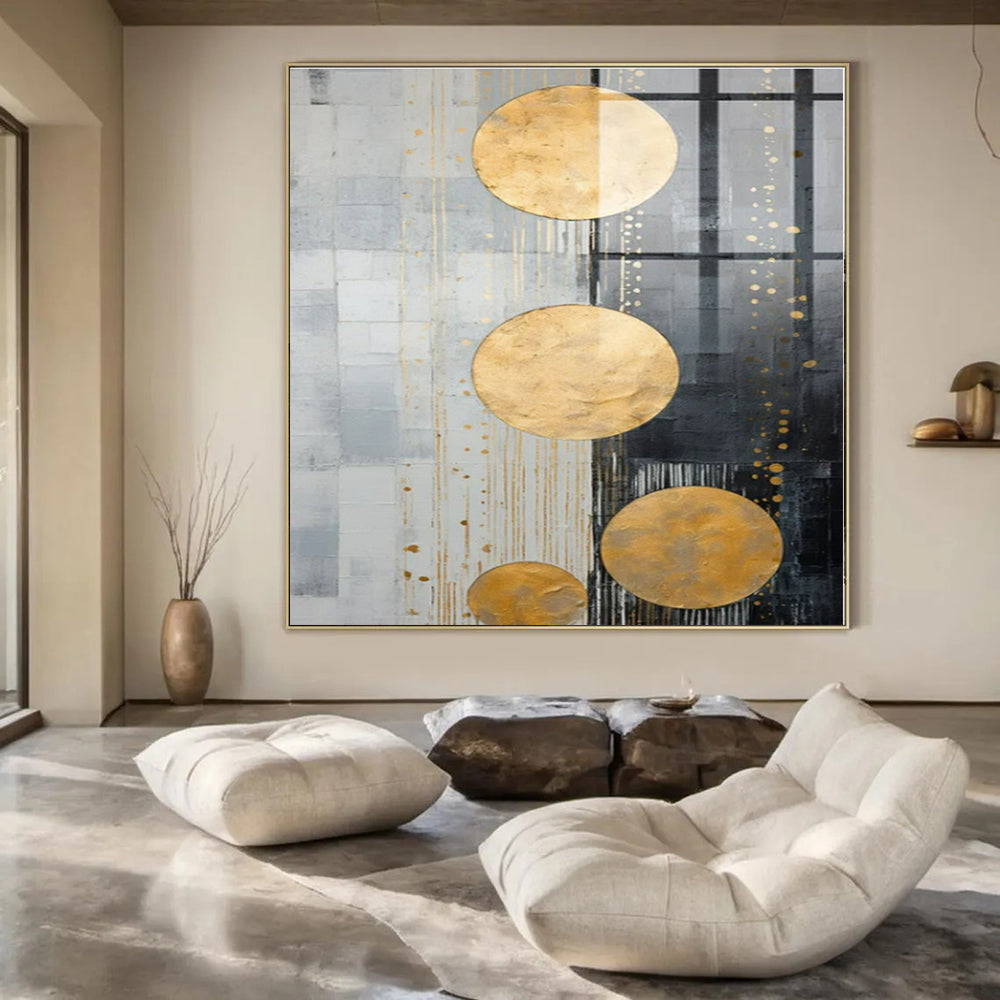 Gold Circles on Gray Abstract - Geometric Metallic Abstract Painting On Canvas PS1241