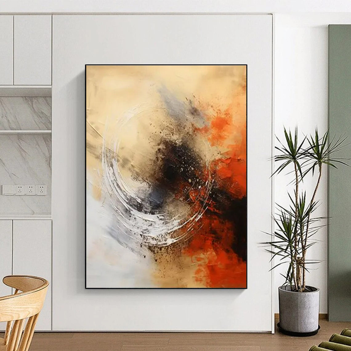 Beige, Grey, Black & Orange Abstract Circle Painting On Canvas PS0828