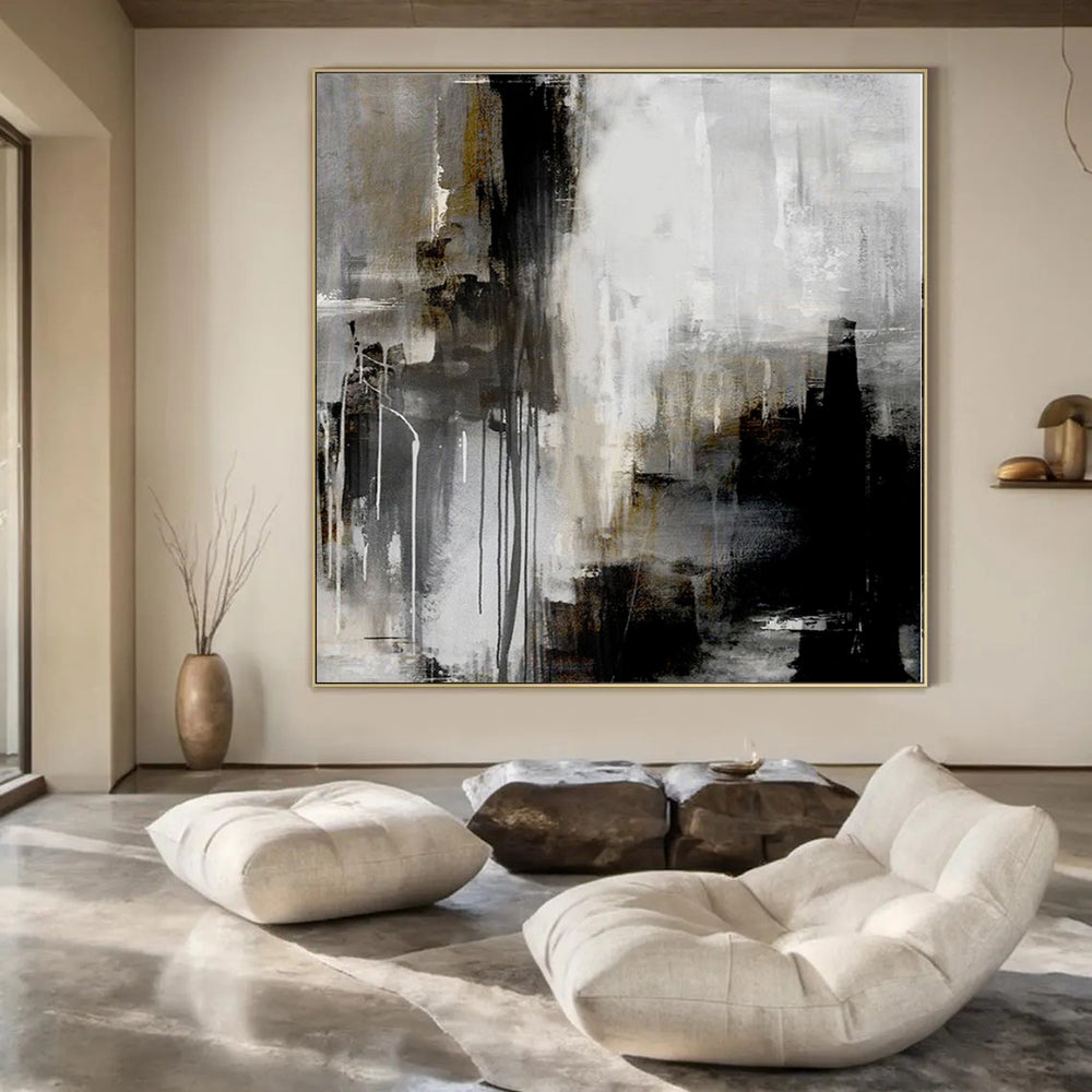 Gray, Black, White and Gold with Dripping Effects "Urban Drizzle" Abstract Painting On Canvas PS1130