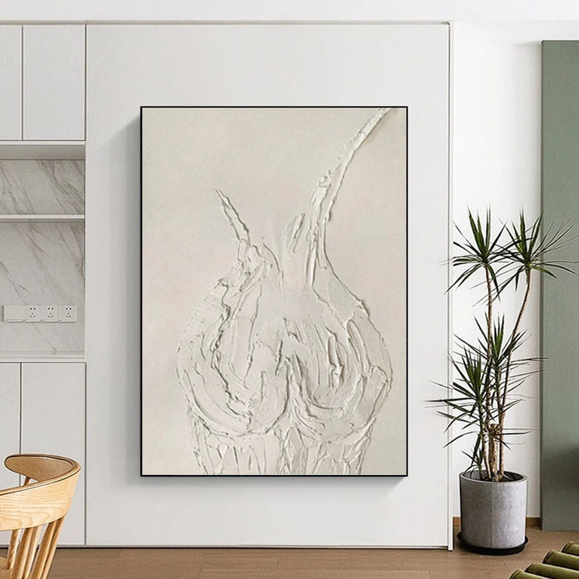 “White Textured Vase Abstract” - Sculptural Plaster Painting On Canvas PT0990