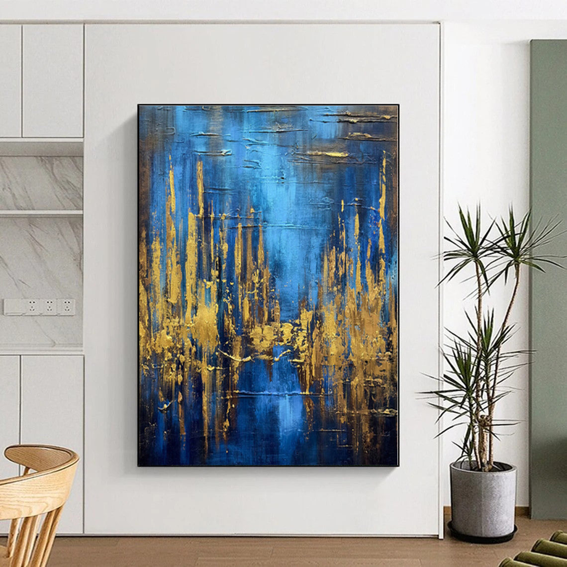 “Blue - Gold Abstract Forest” - Blue, Gold Abstract Painting On Canvas PS0449