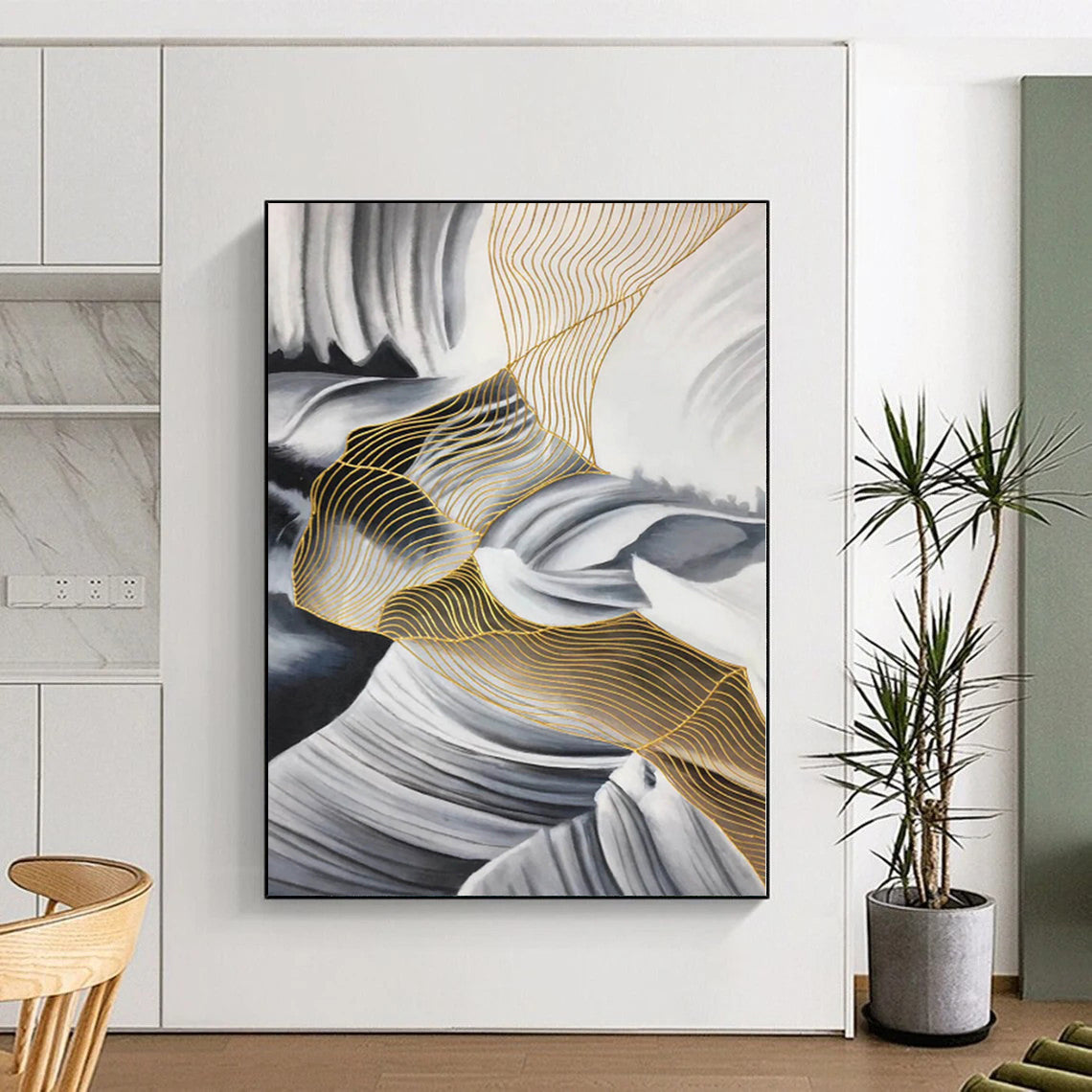 “Black - White - Gold Abstract Flowing Lines” - Luxe Abstract Painting On Canvas PS0351