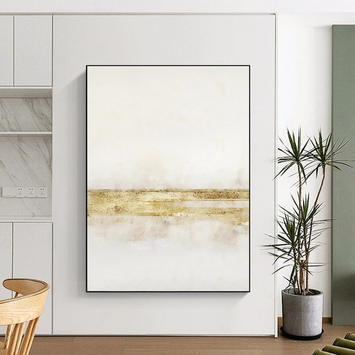 “White and Gold Minimalist Stripes” - Abstract, Metallic - Accented Painting On Canvas PT1538