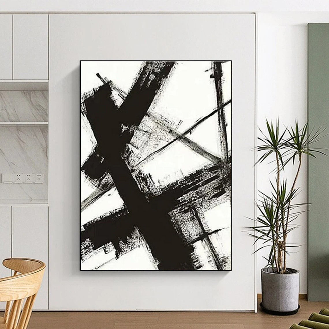 “Monochrome Cross Strokes” - Black, White Abstract Minimalist Painting On Canvas PS0716