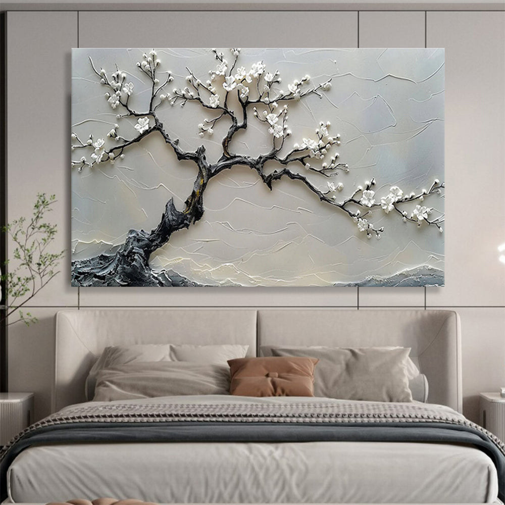 “White Blossom Tree” - Gray, White & Black Textured Tree, 3D Floral Relief Painting On Canvas DKS695