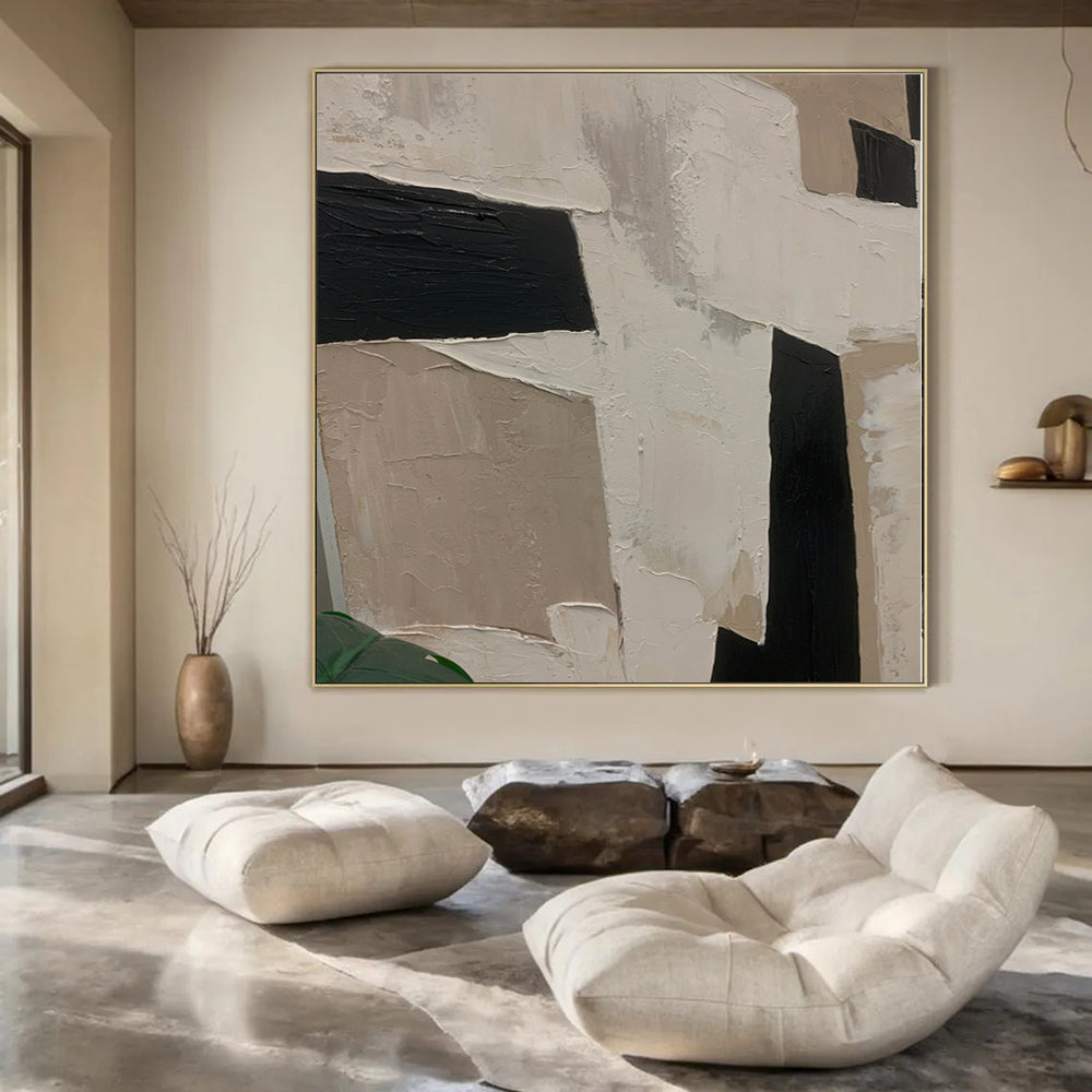 “Black - White - Beige Geometric Abstract” - Modern Abstract Painting On Canvas PS0107