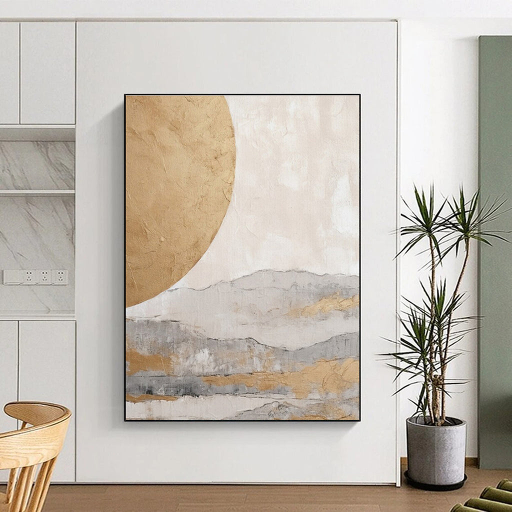 “Golden Sun & Misty Mountains” - Gold, Gray, Beige Abstract Landscape Painting On Canvas PS0745