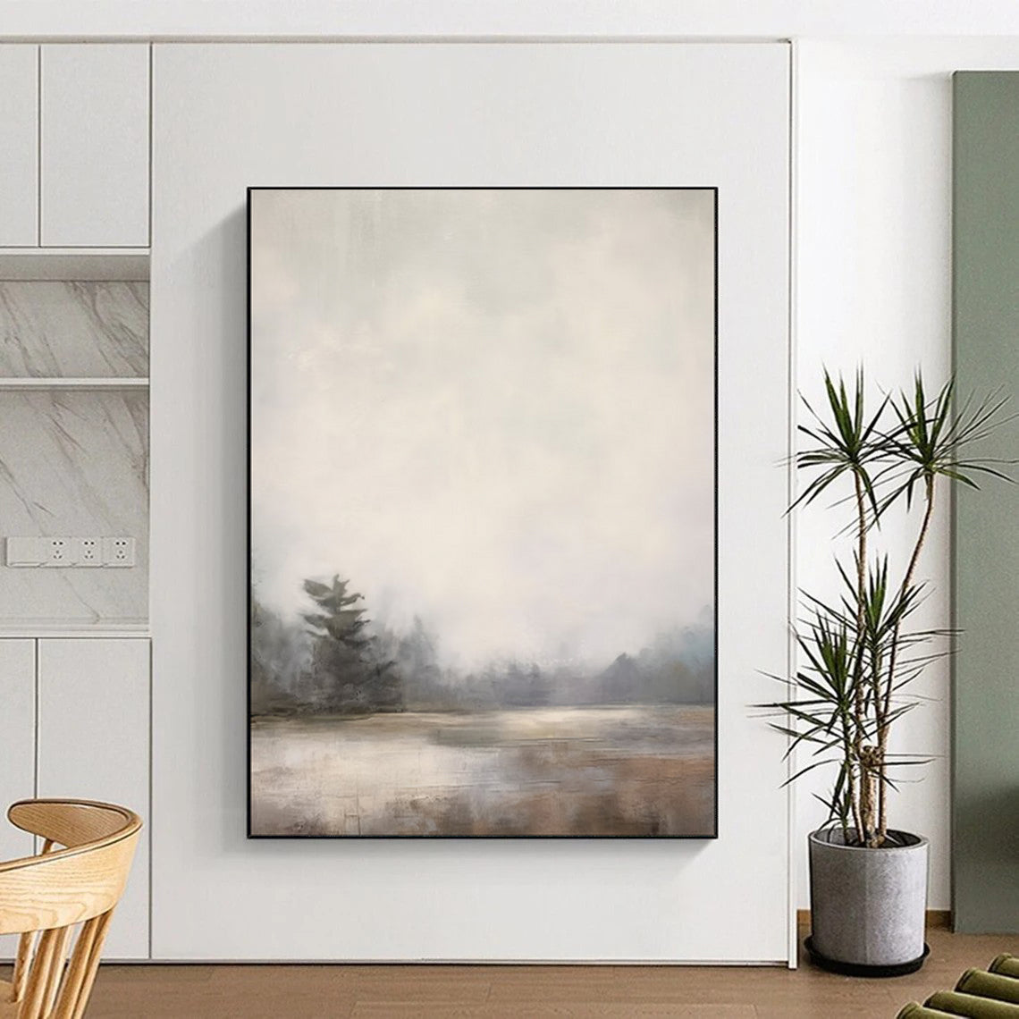 “Misty Lakeside Forest in Soft Neutrals” - Landscape Painting On Canvas PT2058