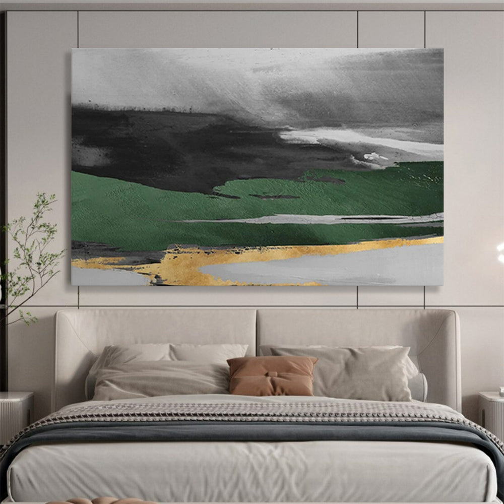 “Green and Gold Abstract Landscape” - Abstract Landscape Painting, Ideal for Dining Room & Entryway DKS606