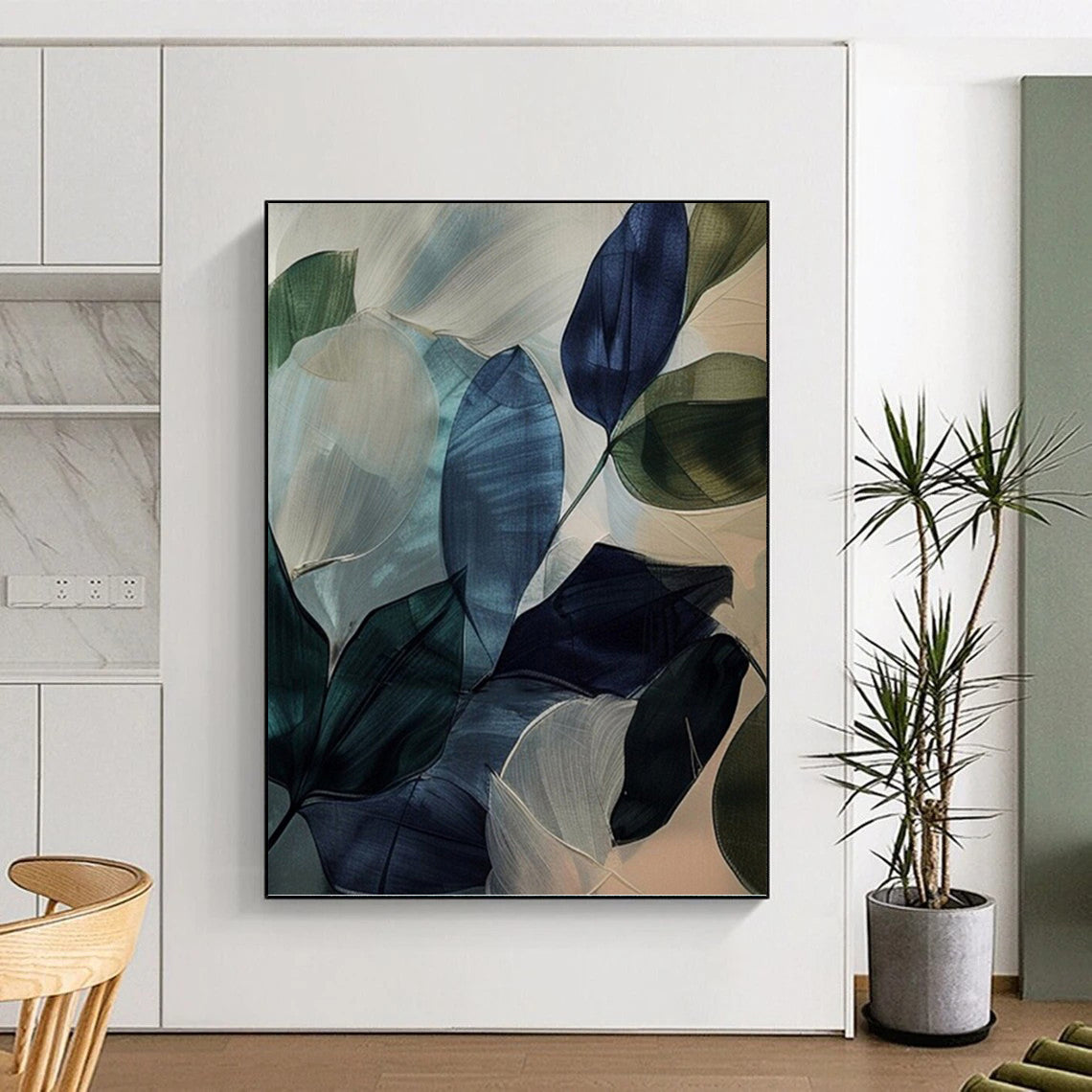 “Translucent Leaves: Blue - Green Botanical Art” - Delicate Nature Painting On Canvas PT0972