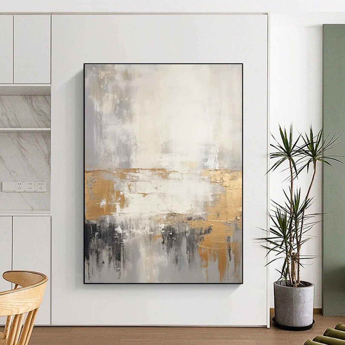 Gray, White & Gold Abstract Horizon "Ethereal Dusk" Painting On Canvas PS0855