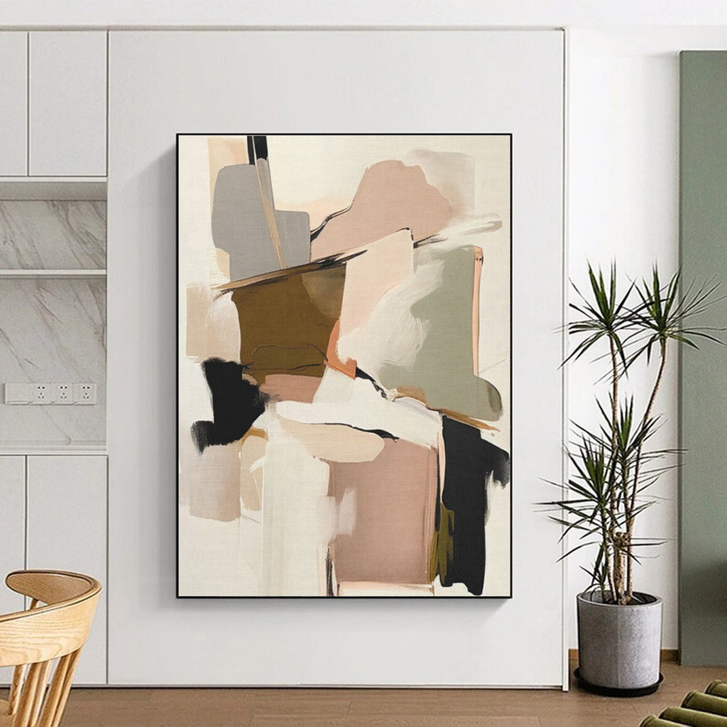 “Blush & Neutral Geometric Abstraction” - Blush, Beige, Gray Abstract Geometric Painting On Canvas PS0755