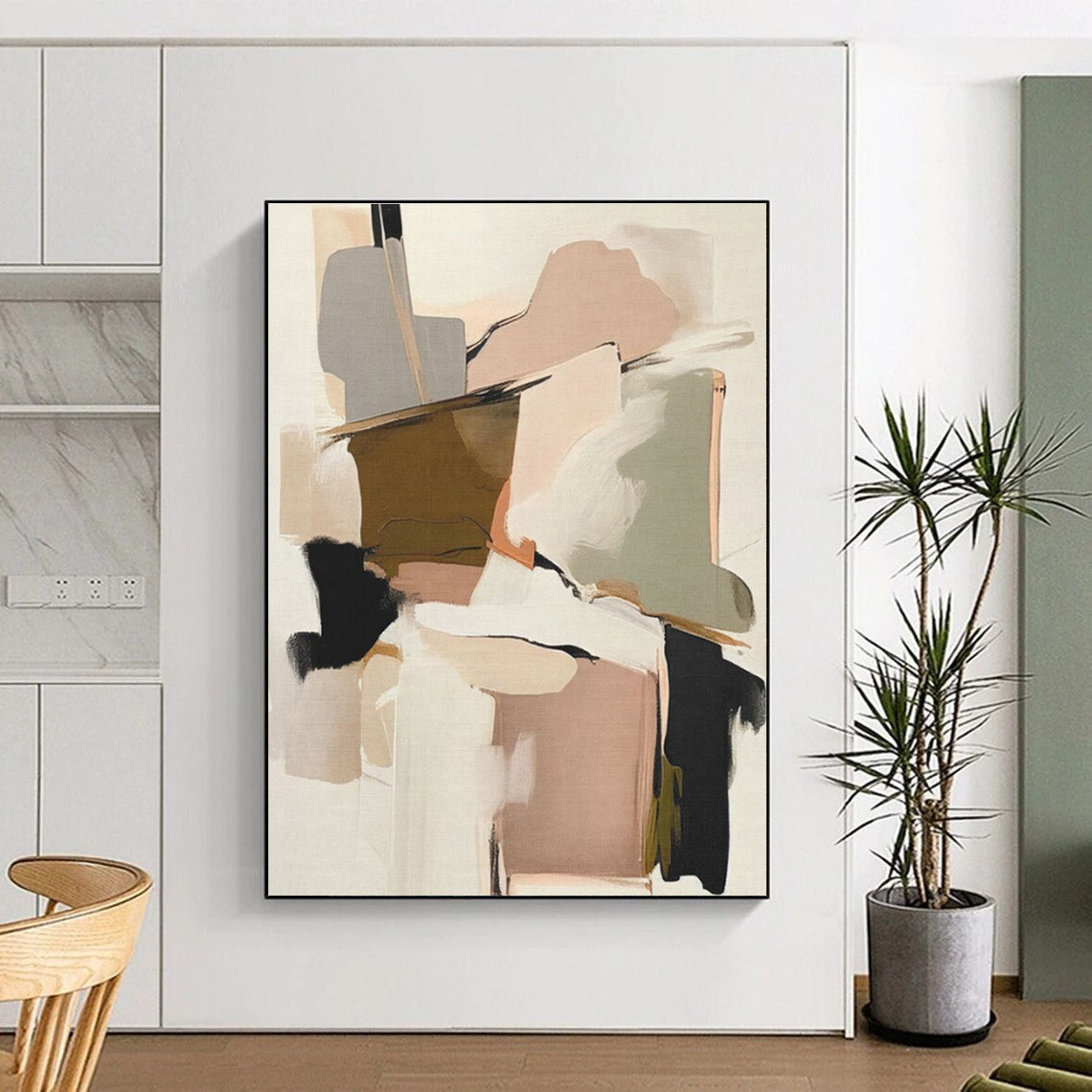 “Blush & Neutral Geometric Abstraction” - Blush, Beige, Gray Abstract Geometric Painting On Canvas PS0755