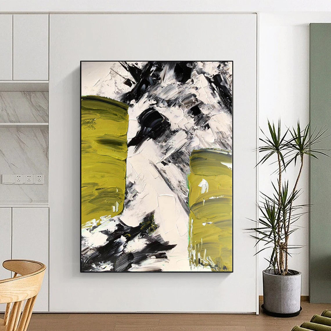 “Bold Green - Black - White Abstract Strokes” - Expressive Abstract Painting On Canvas PS0305