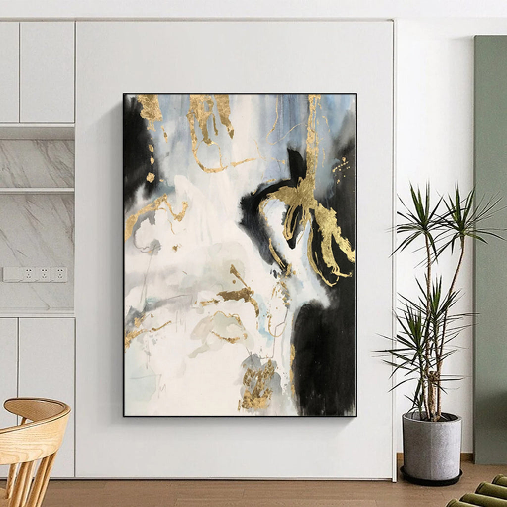 “Blue - White - Gold Abstract Fluid Shapes” - Luxe Abstract Painting On Canvas PS0363