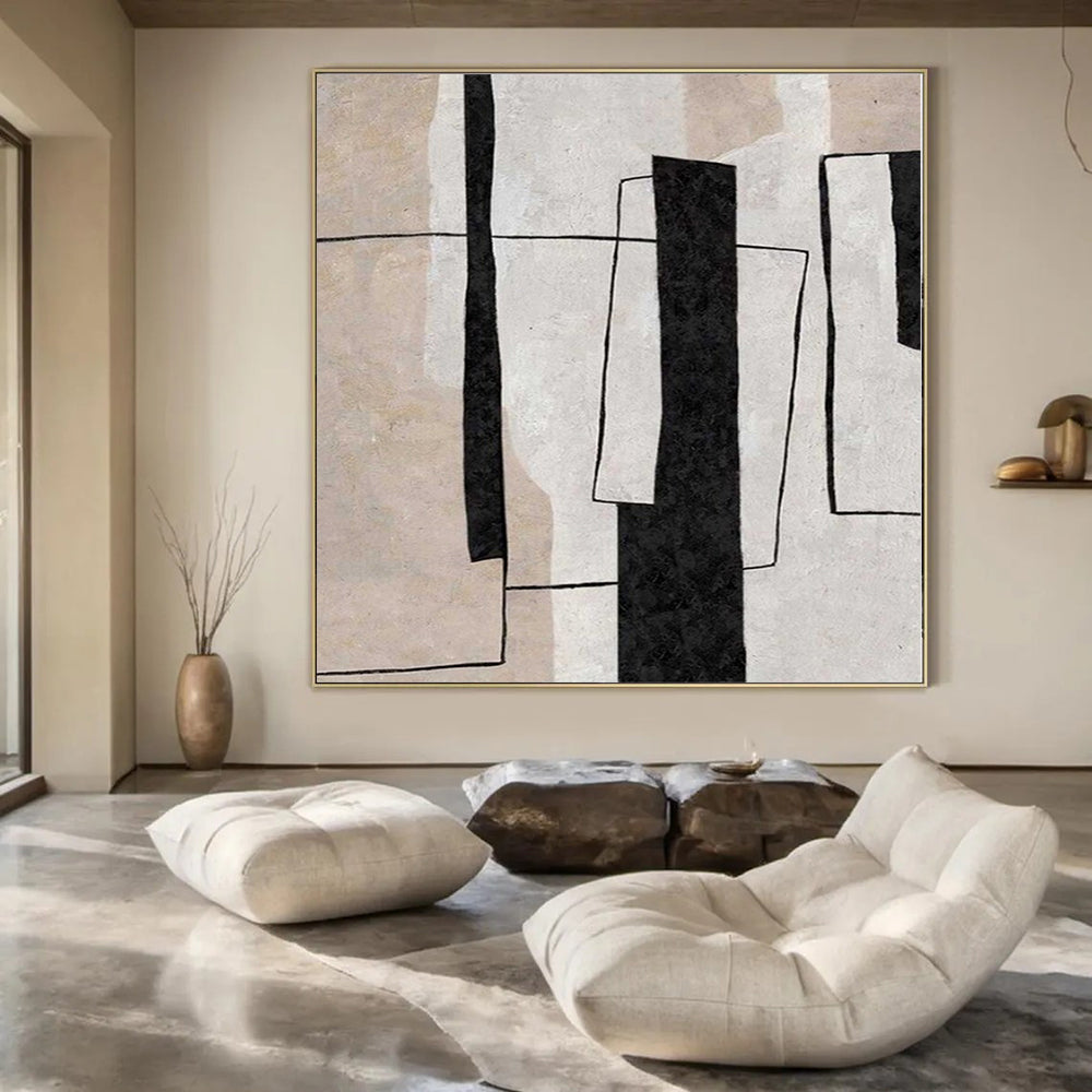 Beige, White and Black Geometric "Urban Structure" Architectural Abstract Painting On Canvas PS1103