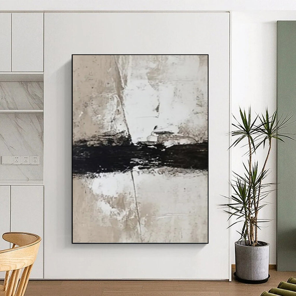 “Black, Beige and White Textured Abstract” - Minimalist Abstract Painting On Canvas PT0976